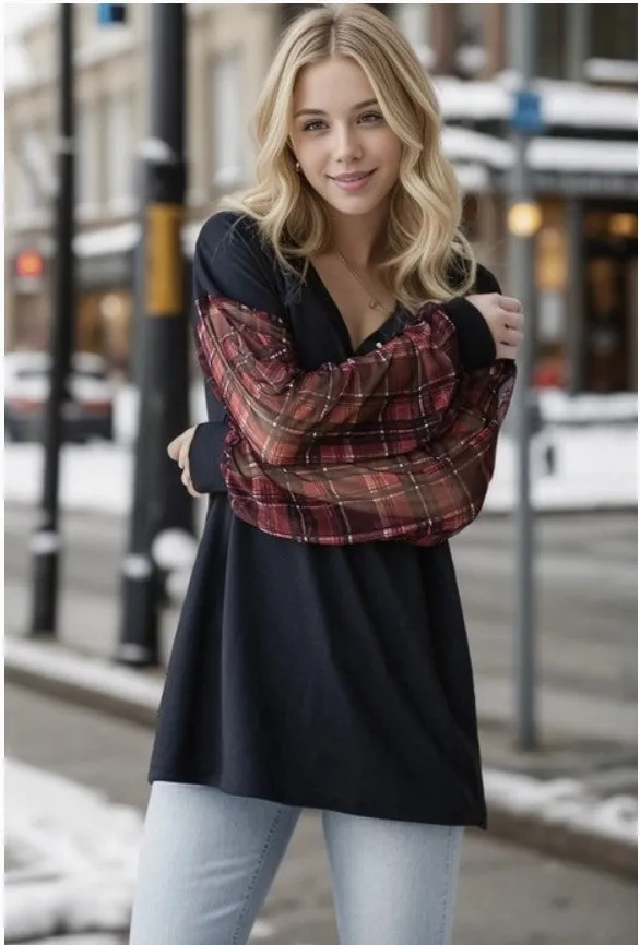 Black Top w/Plaid Puff Sleeves - #8266-8271
