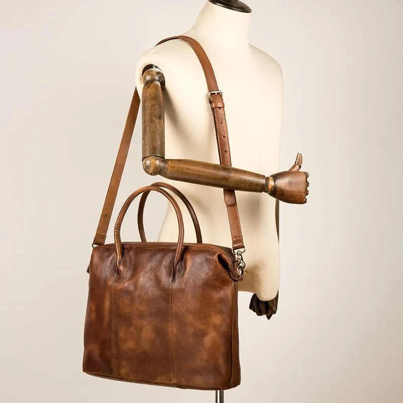 Brown Leather Mens 15 inches Briefcase Laptop Bag Business Handbag Work Bag for Men