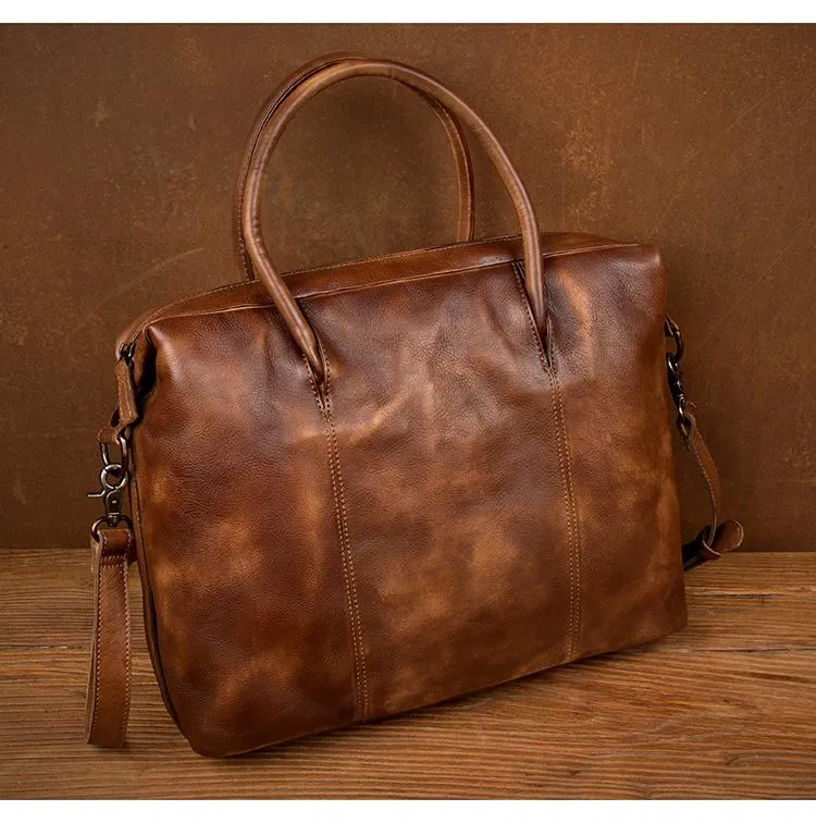 Brown Leather Mens 15 inches Briefcase Laptop Bag Business Handbag Work Bag for Men