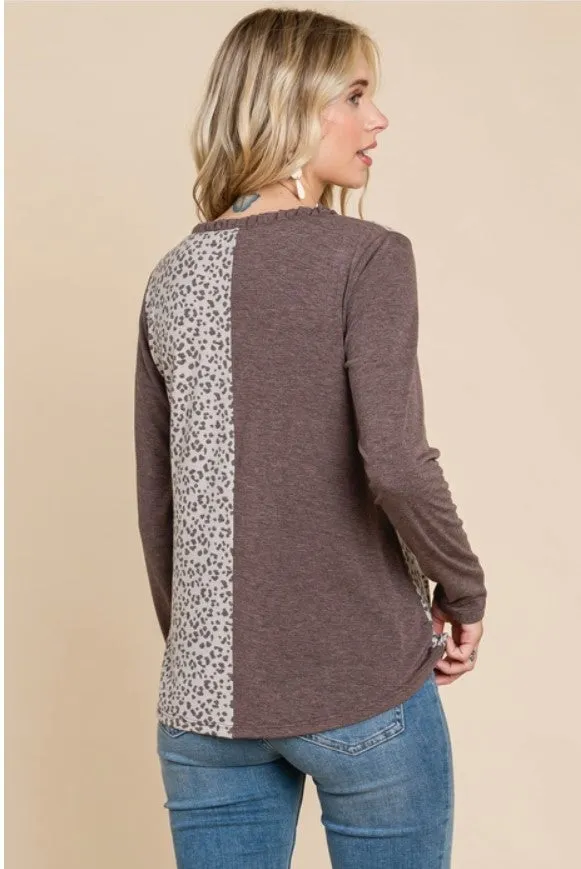 Brown Top w/Animal Contrast & Ruffle Neckline - #5519-5524
