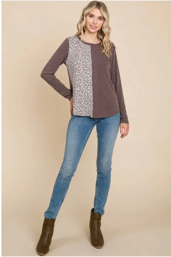 Brown Top w/Animal Contrast & Ruffle Neckline - #5519-5524