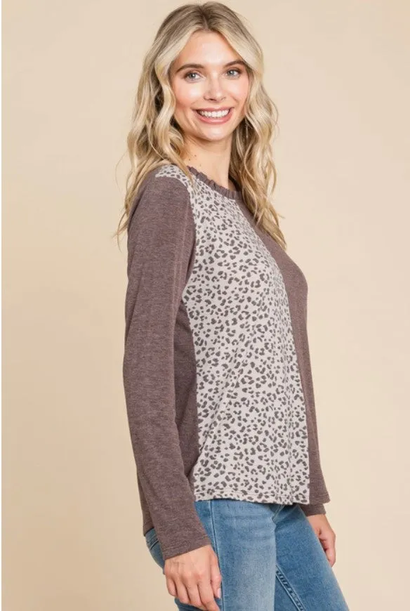 Brown Top w/Animal Contrast & Ruffle Neckline - #5519-5524
