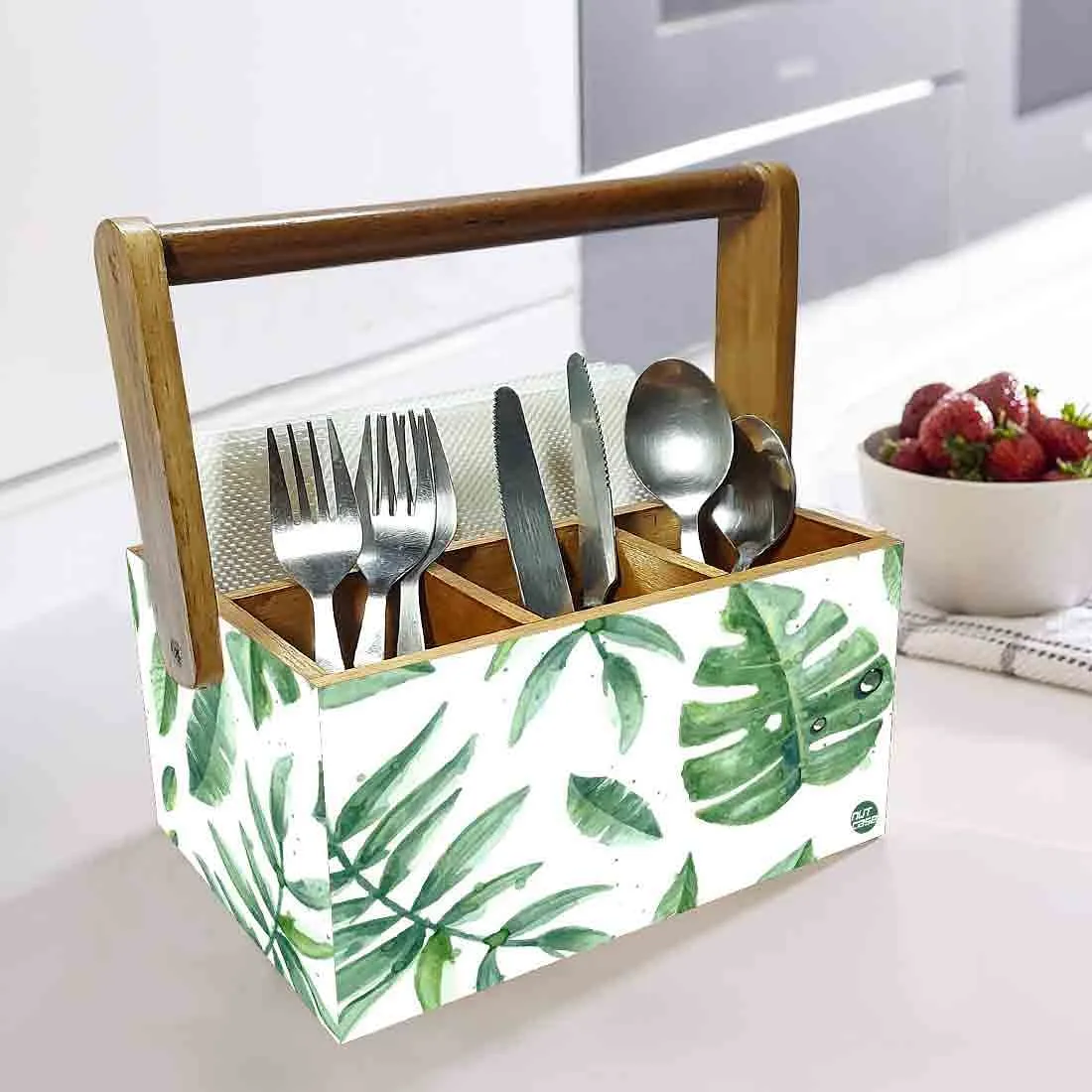 Cutlery Box for Storage Wooden Holder With Handle - Drops Leaves