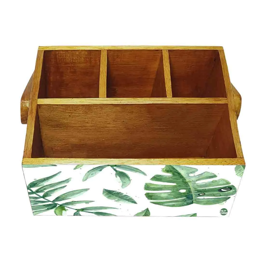Cutlery Box for Storage Wooden Holder With Handle - Drops Leaves