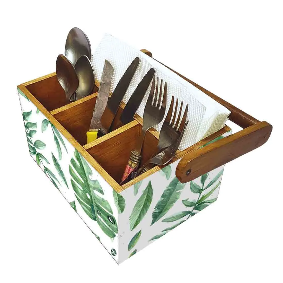 Cutlery Box for Storage Wooden Holder With Handle - Drops Leaves