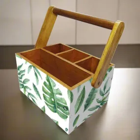 Cutlery Box for Storage Wooden Holder With Handle - Drops Leaves
