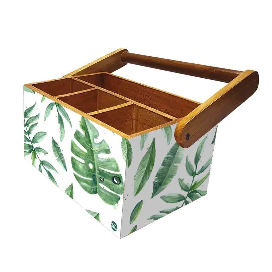 Cutlery Box for Storage Wooden Holder With Handle - Drops Leaves