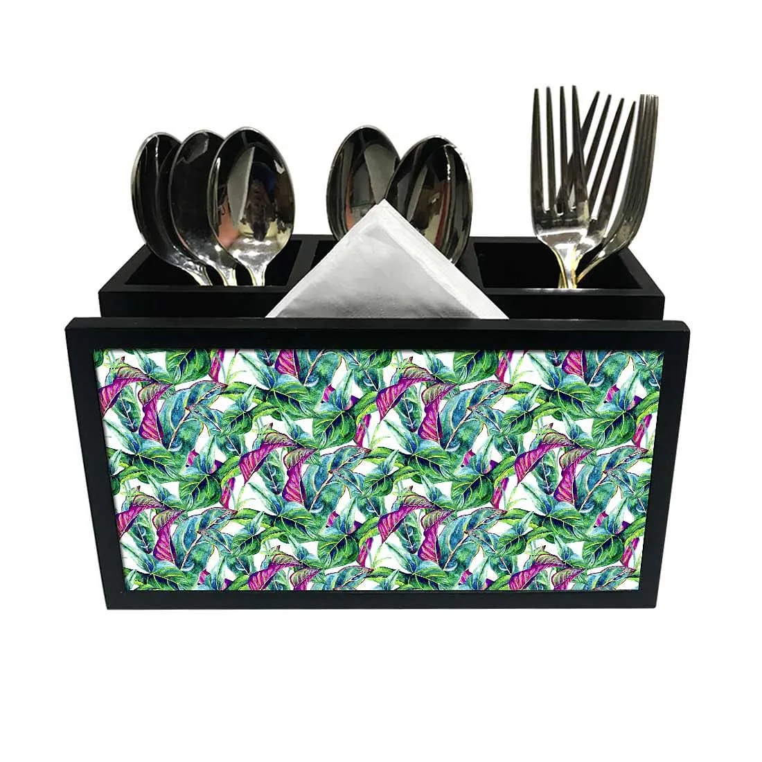 Cutlery Tissue Holder Napkin Stand -  Green Tropical Leaf