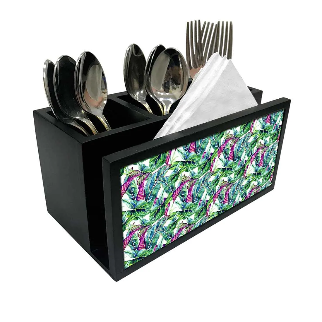 Cutlery Tissue Holder Napkin Stand -  Green Tropical Leaf