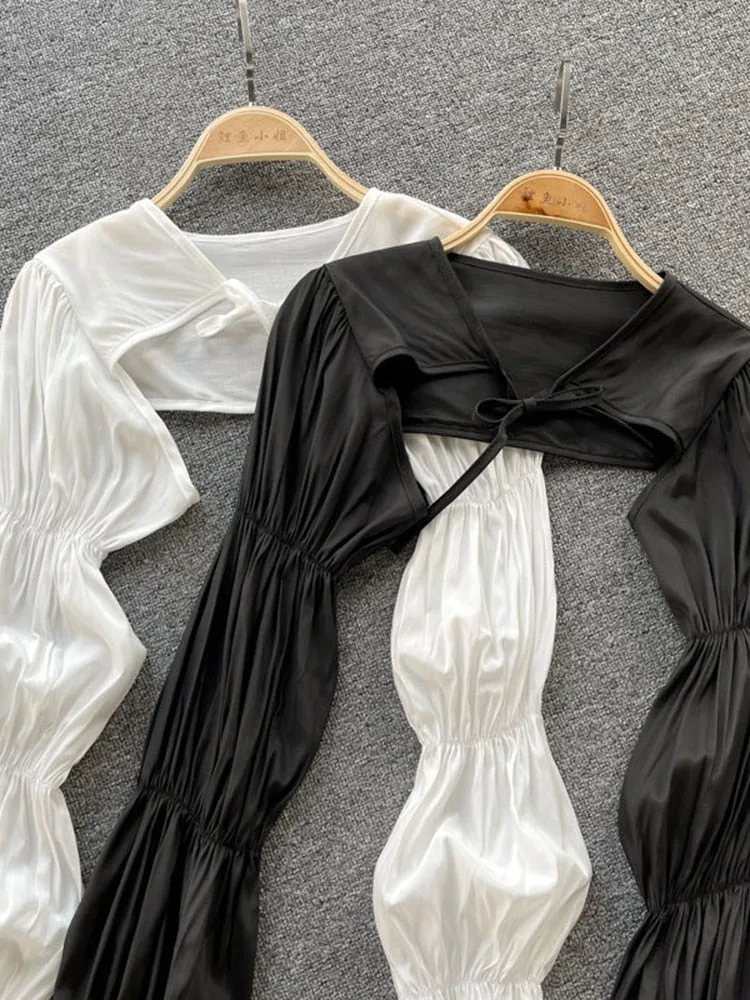 Design Vacation Women Short Blouse Puff Sleeve Summer Beach Sun Protection Shirt Black White Fashion Casual Crop Tops