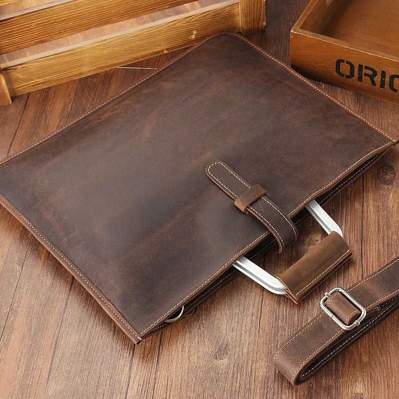 Handmade Crazy Horse Leather Laptop Bag Handbag Men Briefcase