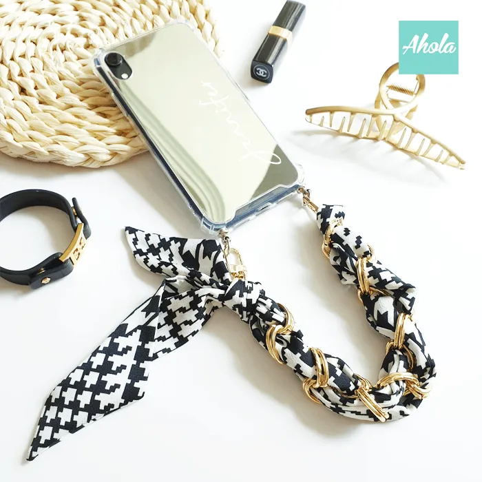 【Houndstooth】Mirror Silk Scarf Lanyard iPhone Case 千鳥格絲巾掛繩自訂名字鏡面電話殼