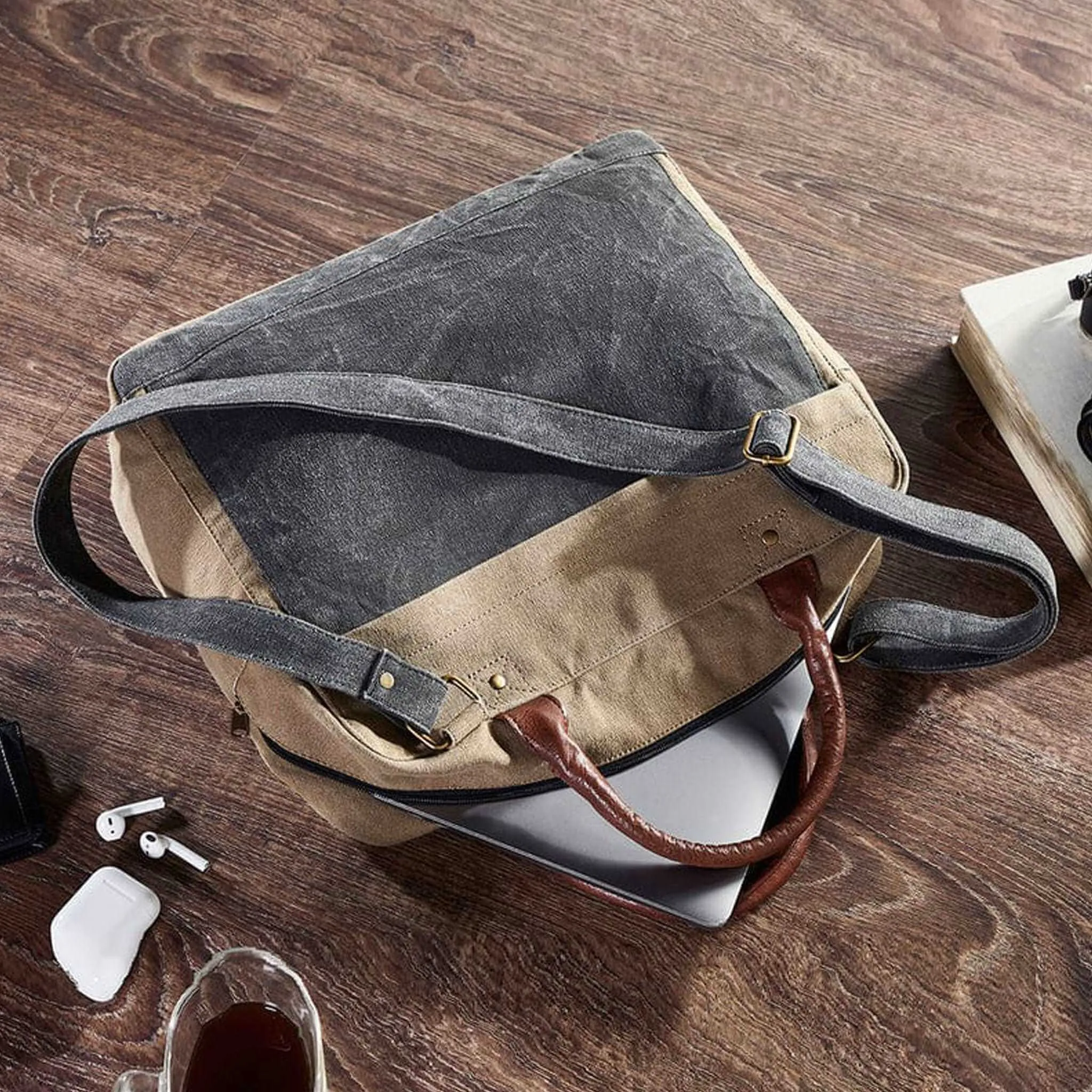 Mona B - Brown 100% Cotton Canvas Messenger Crossbody Laptop Bag for Upto 14" Laptop/Mac Book/Tablet with Stylish Design for Men and Women