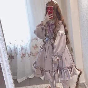 Ruffled Puff Sleeve Bowtie  Dress Kawaii Academia Y2K Cottagecore Coquette Fairycore Dollette Princesscore