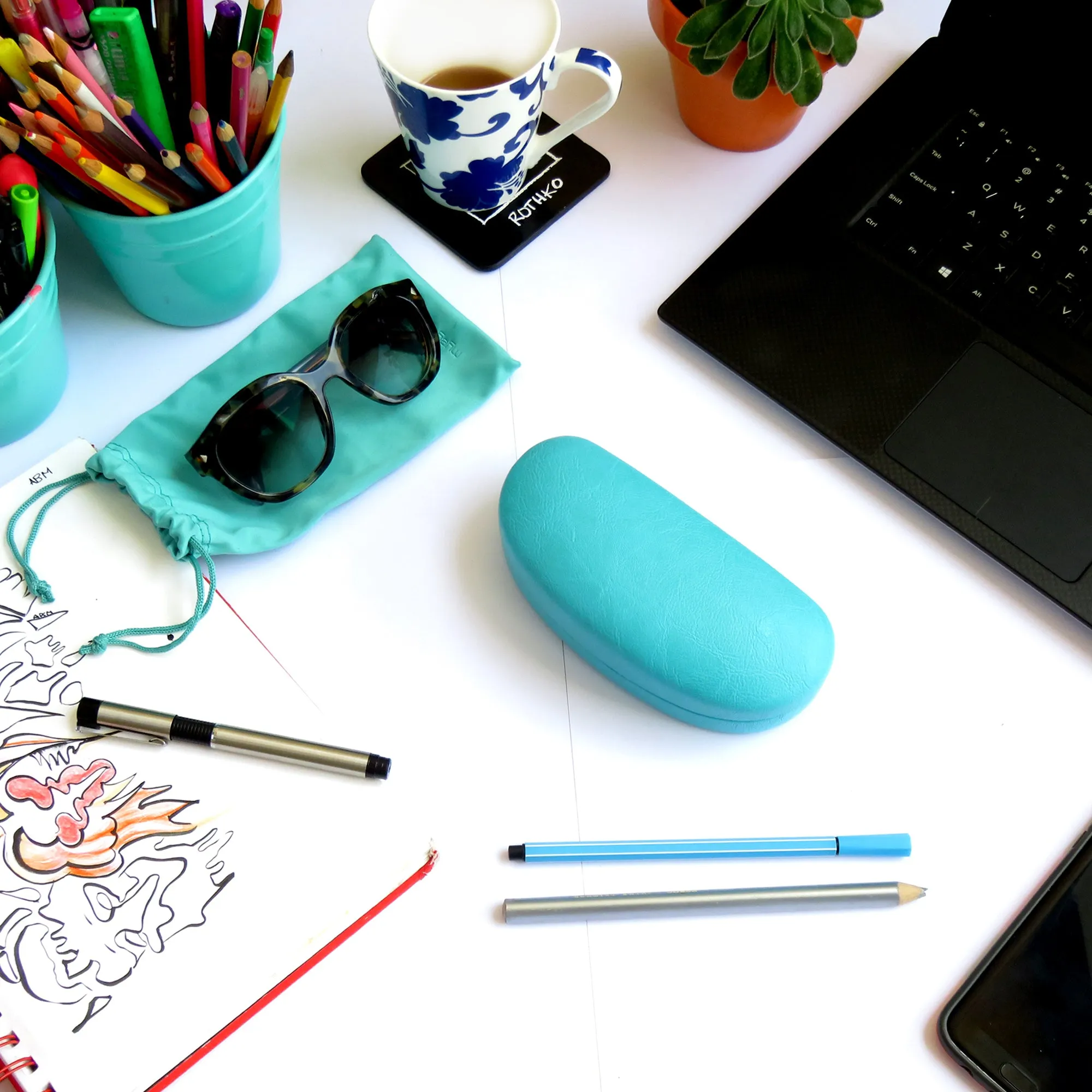 Women Turquoise Medium Sunglasses cases / Large Eyeglasses case with Pouch & Cloth (AS113 Turquoise)